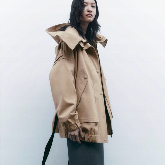 Zara jacket coat parka overcoat hood tied zip up beige casual - Picture 3 of 7